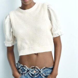 Zara Womens Knit Crochet Crop Top Blouse (Size L)